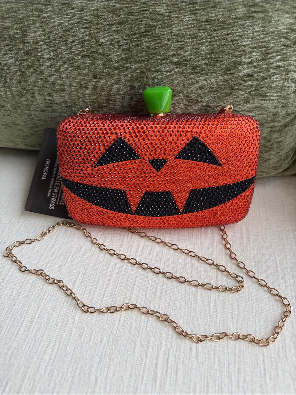 Rhinestone Jack O’Lantern Evening Clutch w/ Removable Gold Tone Crossbody Chain